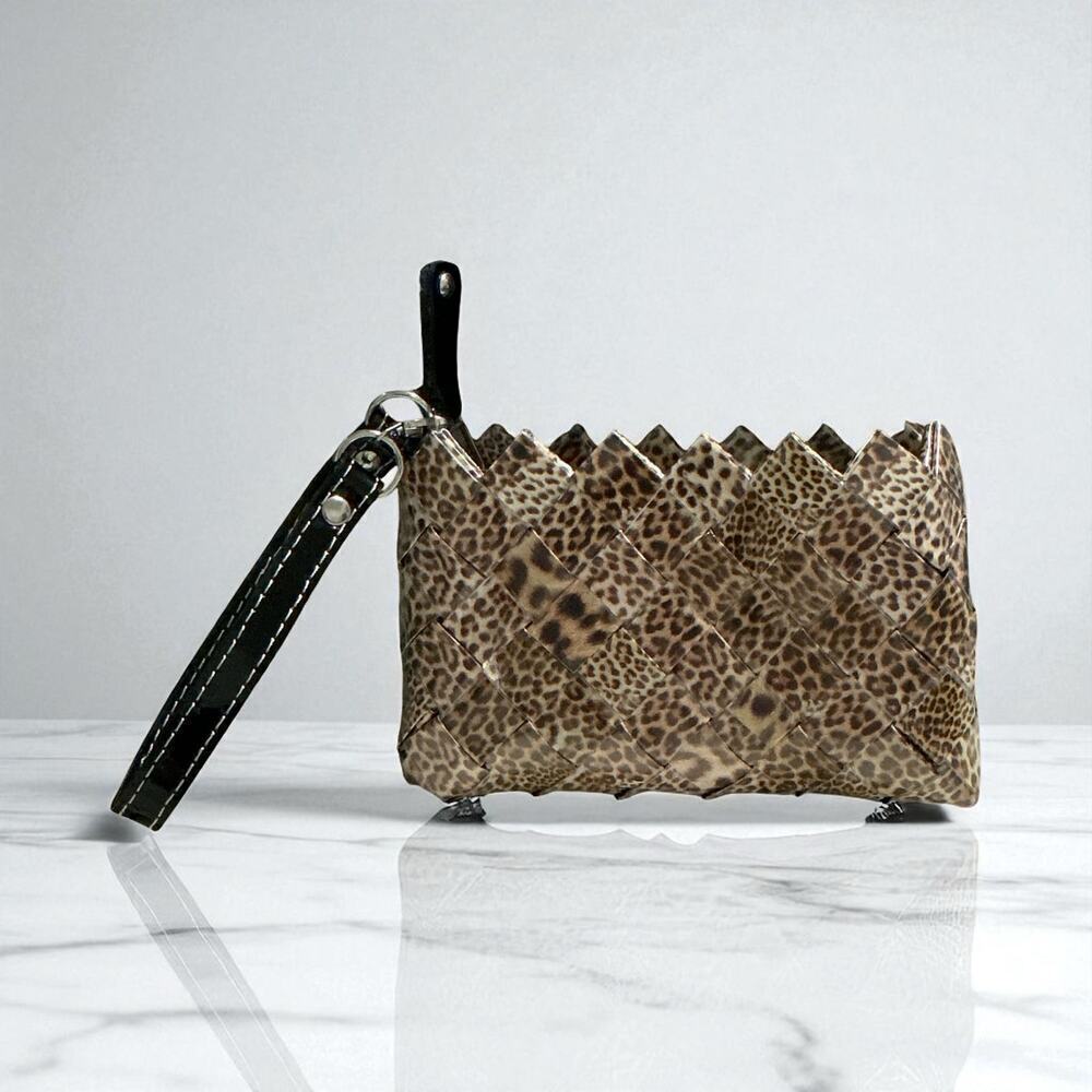Nahui Ollin Wristlet Pouch Leopard Print Woven Recycled Candy Wrapper Coin Purse